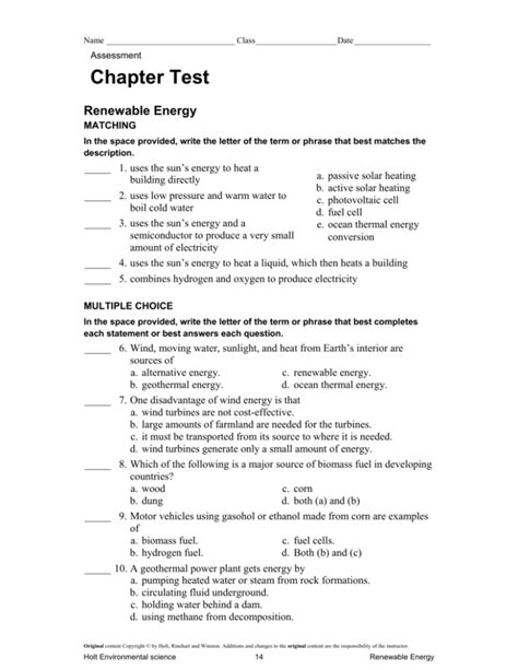 Chapter Test Renewable Energy Answer