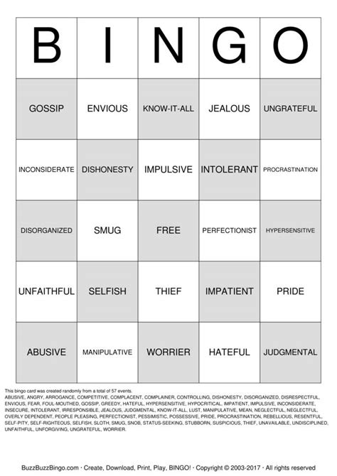 Character Defect Bingo Cards to Download, Print and Customize!
