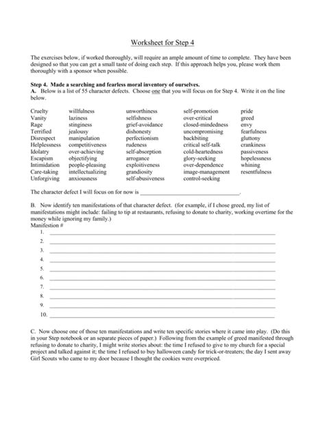 Character Defects Worksheet