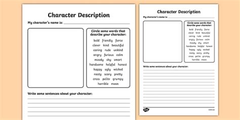 Character Descriptions Character Template KS1 Writing