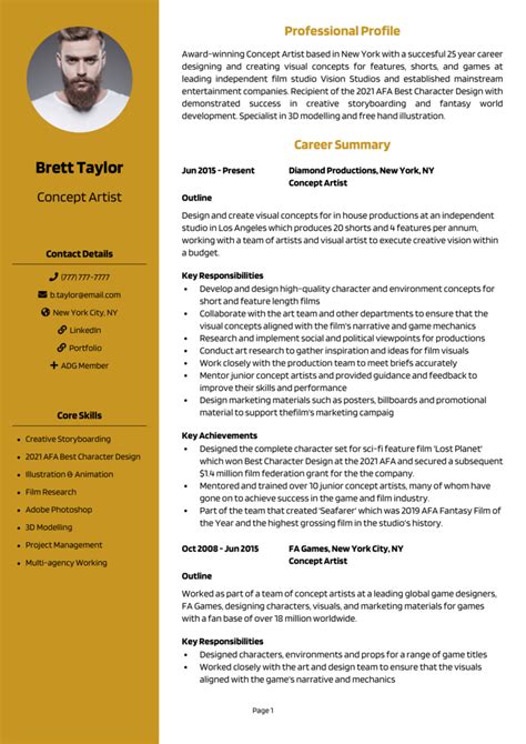 Character Designer Concept Artist Resume Example