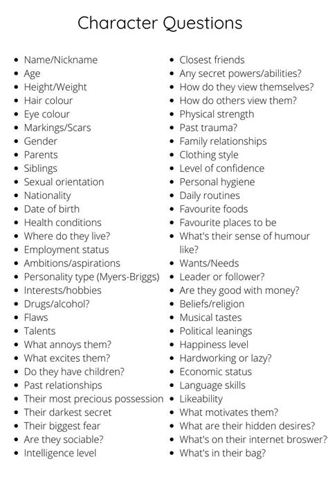 Character Development Questions Printable