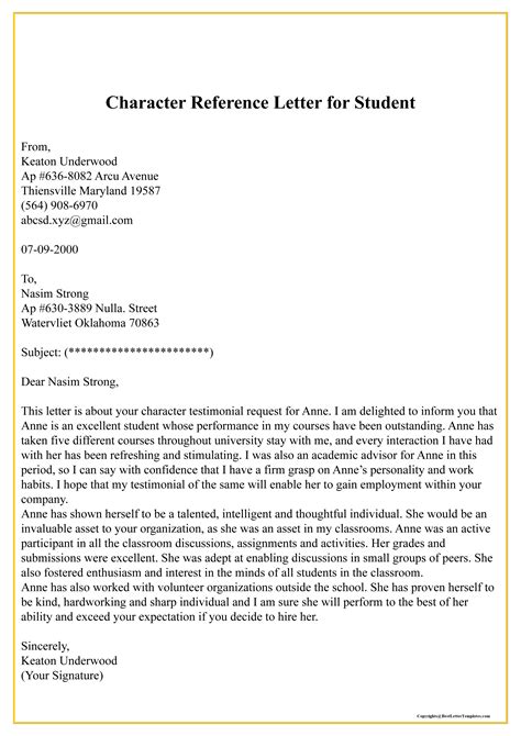 Character Reference Letter Of Recommendation Template