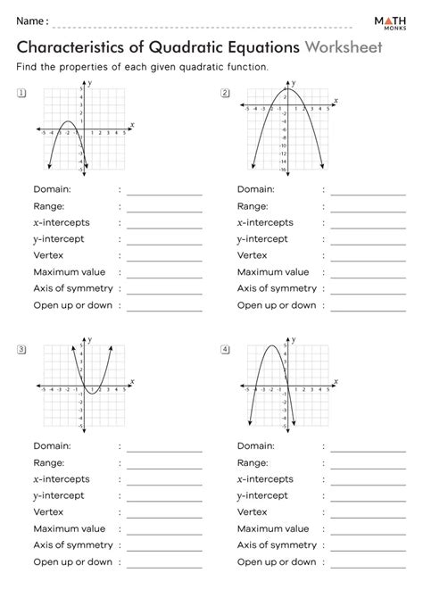 Characteristics Of Quadratic Functions Worksheet