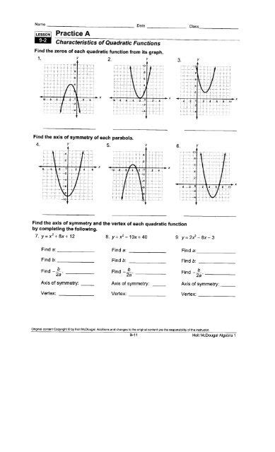 Characteristics Of Quadratic Functions Worksheet A Answer