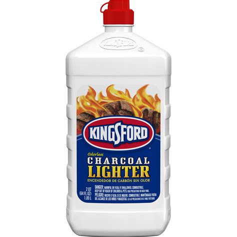 Charcoal and lighter fluid. Kingsford 71176 Lighter Fluid is one of the best ways to light Kingsford Original Charcoal briquets. It is odorless, portable, and makes lighting charcoal easier. Safety information: Harmful or fatal if swallowed. Combustible. Contains petroleum distillates. Do not ingest. Avoid breathing vapors. Use in a well-ventilated area. 