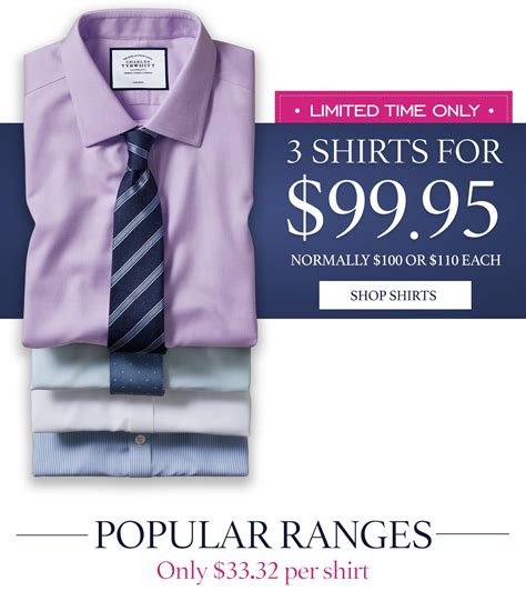Charles tyrwhitt three for 99. Free shipping and returns on Men's Charles Tyrwhitt Clothing at Nordstrom.com. Skip navigation. FREE 2-DAY SHIPPING for a limited time, on eligible items in selected areas! ... $99.00 Current Price $99.00. Charles Tyrwhitt. Slim Fit Non-Iron Cotton Poplin Dress Shirt (Regular & Tall) $99.00 Current Price $99.00. 