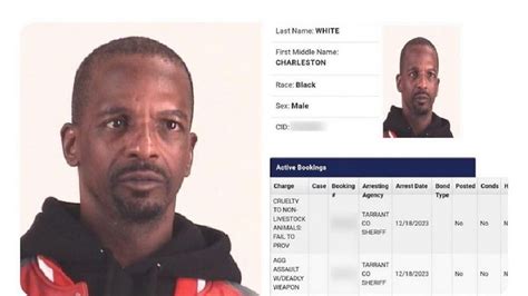 Charleston white arrested. Charleston White was booked on Wednesday October, 5th, 2022 . White was booked into the Tarrant County Jail system in or around Dallas - Ft Worth, TX. The , with a recorded date of birth of 5/17/1977 was arrested for suspicion of the below crimes: 