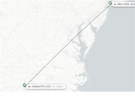 This corresponds to an approximate flight time of 1h 31min. Similar flight routes: JFK → GSO, JFK → GSP, JFK → CAE, JFK → AVL, LGA → CLT. Bearing: 225.81° (SW) The initial bearing on the course from JFK to Charlotte is 225.81° and the compass direction is SW. Midpoint: 37.9862,-77.44131.