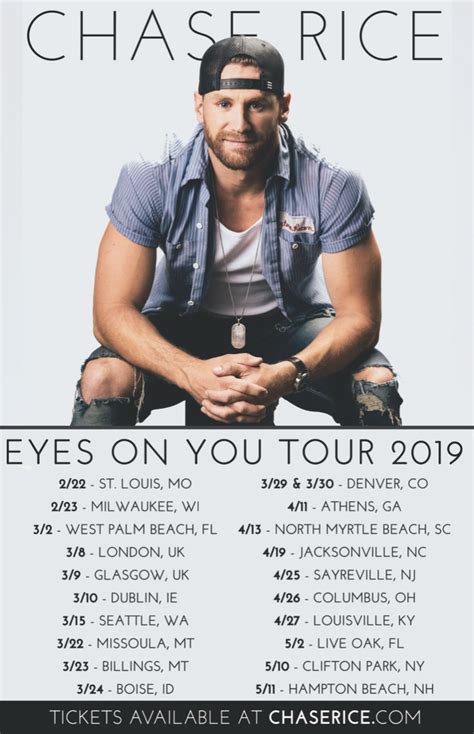 Chase rice tour. Chase Rice Tour Dates will be displayed below for any announced 2024 Chase Rice tour dates. For all available tickets and to find shows near you, scroll to the listings at the top of this page. DATE. CITY. VENUE. LOWEST PRICE. 04/05/2024. Wilmington, NC. Live Oak Bank Pavilion. $79. 04/20 ... 