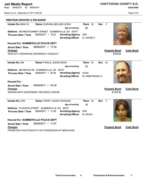 Chattooga arrest reports. Listed on the January 25-28 Arrest Report at the Chattooga County Jail are:Madison Tiara Marshall, Summerville -- Compulsory School Attendance LawJimmy Milton Pope, Summerville -- Failure to AppearJohnny Wayne Stamper, Dalton, Probation ViolationAnthony Eugene Brooks, Summerville -- VGCSA/ Possession of Methamphetamine; Open Container of Alcohol; Willful Obstruction of Law Enforcement ... 