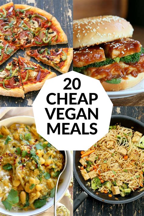Cheap vegan meals. tinned beans and dried pulses of various kinds. vegetables (particularly seasonal ones) potatoes. egg-free pasta and noodles. rice. bread (wholemeal is ideal from a health point of view) dried herbs and spices. seasonal fruit. soya mince. 