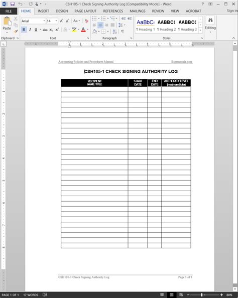 Check Signing Authority Log Template CSH1051
