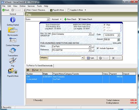 Check writer software. You can easily create and manage checking, savings, credit card, and money market accounts, reconcile your bank statement in minutes, and print checks easily from Quicken and QuickBooks. Easily create checks and balance your checkbook with Avanquest's #1 seller of checking printing software - Checksoft Personal Deluxe. 