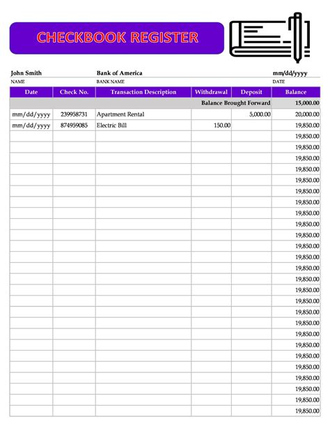 Checkbook Ledger Template