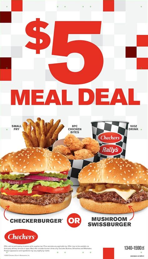 Checkers $5 meal deal. Jan 22, 2012 · The food was, as expected, ok. Double cheese burger and a double chicken sandwich 2 for $5. The burgers are thin, of course, but they were made as I requested, as was the chicken. Sure I'll go back it's cheap food, so don't expect any award winning meals. More 