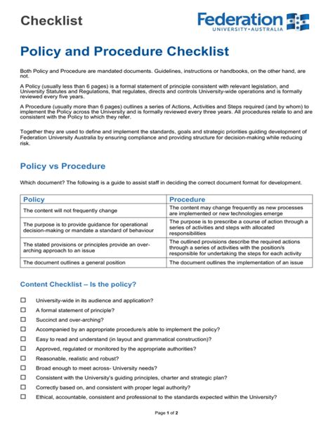 Checklist Policy and Procedure Checklist