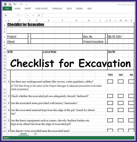 Checklist for Excavation Excel Sheet