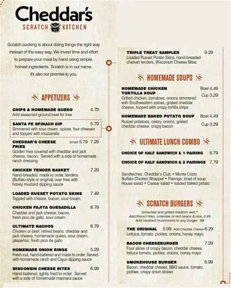 Looking for a casual dining experience with scratch-made dishes and generous portions? Visit Cheddar's in Burleson, TX and enjoy our menu of American classics, steaks, seafood, and more. Find directions, hours, and contact information here.. Cheddar's scratch kitchen fayetteville menu
