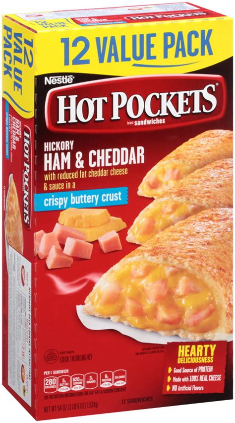 Cheese and ham hot pockets. Hot Pockets Ham And Cheddar Croissant Crust Frozen Sandwiches - 54 OZ ... Hickory ham & cheddar with reduced fat cheddar cheese & sauce in a croissant crust. 9 g ... 