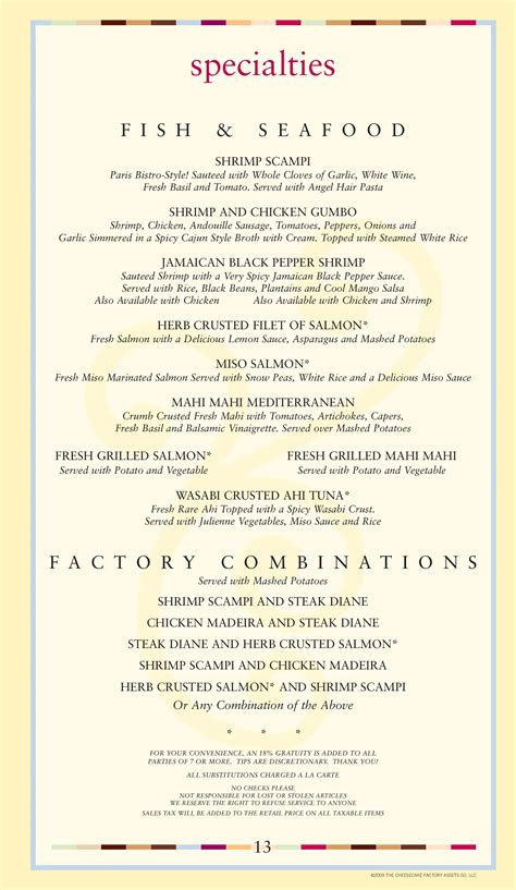 Cheesecake Factory Menu Printable