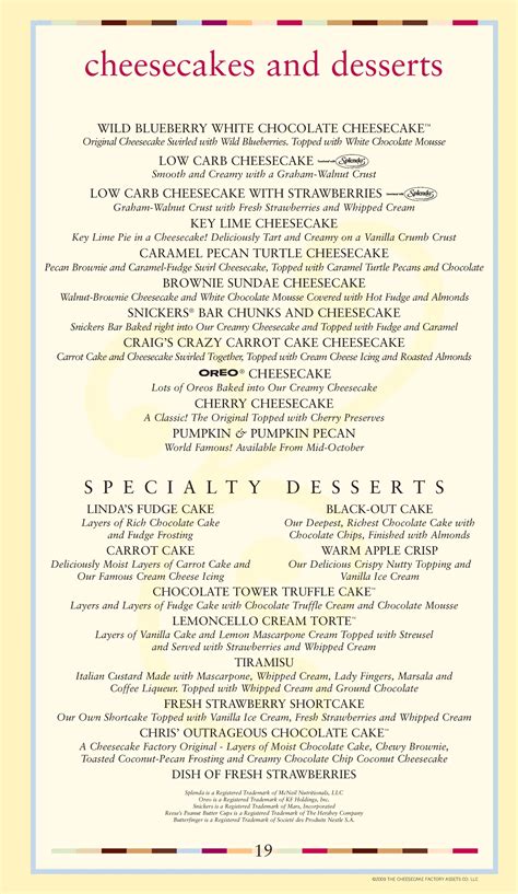 Cheesecake Factory Printable Menu