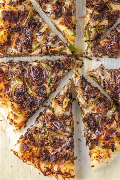 Cheesesteak pizza. Learn how to make a tasty twist to pizza with beef sirloin, mushrooms, bell pepper, and onion. This recipe takes only 40 minutes and serves 8 people. 