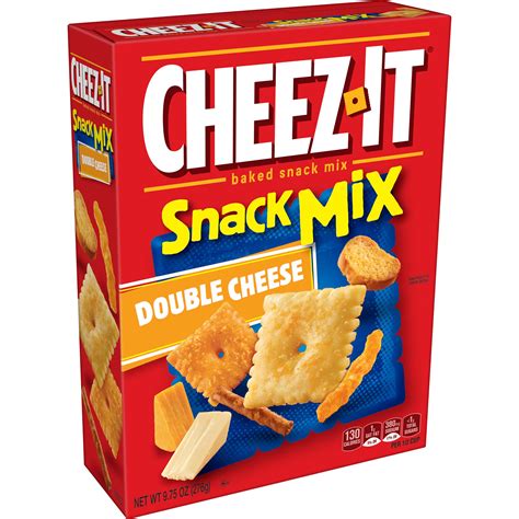 Cheez it mix. Cheez-It Snack Mix Double Cheese is the ideal companion for lunches, and busy, on-the-go moments; Each handful provides a satisfying, cheesy crunch with every bite Place in snack section, near salad bar, near accompaniments, at checkout and in break rooms; This item is a good fit for Convenience Stores, Recreation, Lodging, Hospitals ... 
