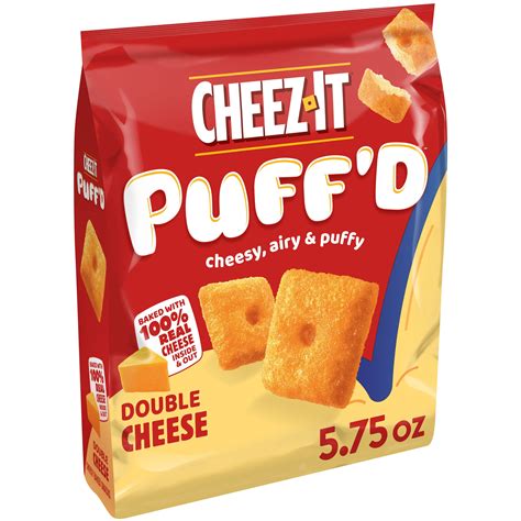 Cheez it puffs. Product Details. Taste the fun of puffy and airy, bite-sized squares baked with 100% real cheese inside and out. Includes one, 5.75-ounce bag of Cheez-It Puff’d Double Cheese Cheesy Baked Snacks. Double cheese means double flavor and double fun. This snack satisfes your senses with an irresistible crunch followed by melt-in … 