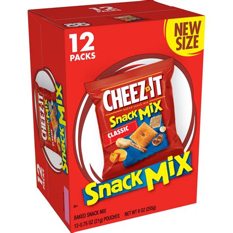 Cheez-it snack mix. It’s no mystery that Cheez-It ® SCOOBY DOO! Baked Snack Crackers featuring loveable character Scooby-Doo are doggone delicious. Includes 1, 21-ounce box of bite-size Cheez-It ® Baked Snack Cheese Crackers. Made with 100% real cheese, imprinted with fun Scooby-inspired images, and bursting with the bold, cheesy flavor the entire family will ... 