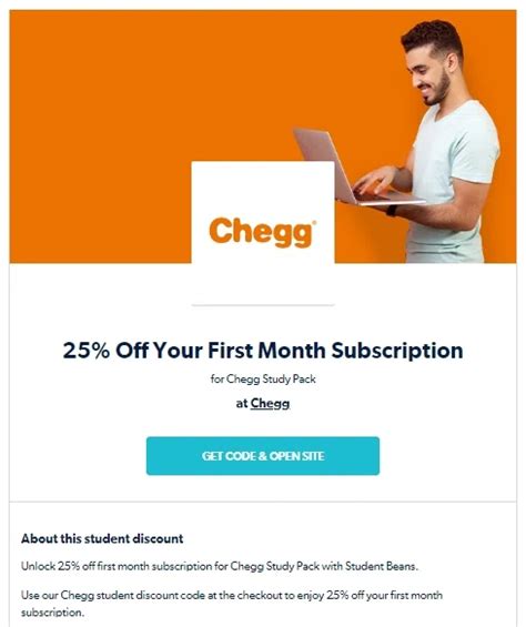 Chegg student discount. Get free access to DoorDash, Calm and Prezi with a Chegg Study and Study Pack subscription online at Chegg with Student Beans. Verify your student status and enjoy this exclusive offer and more student discounts at over 10,000 stores worldwide. 