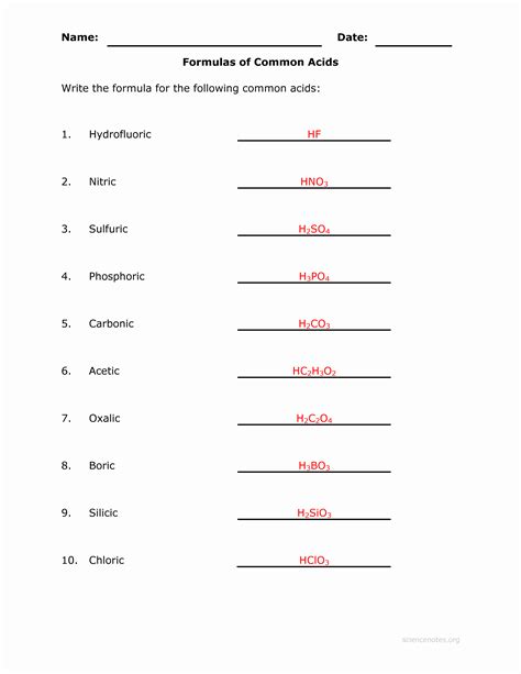 Chemical Formula Worksheet Answers