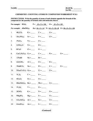 Chemistry Counting Atoms in Compounds Worksheet 7.0.1 Fill and Sign