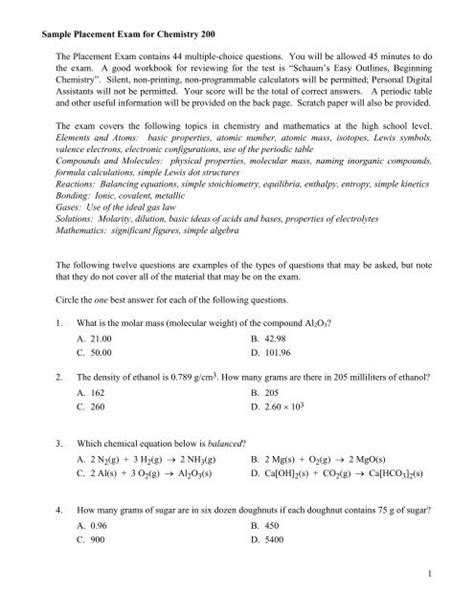 Chemistry Placement Exam - California State University, Fullerton