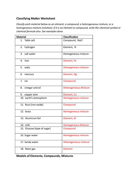 Chemistry classifying matter worksheet key.  Describe the difference between a ...
