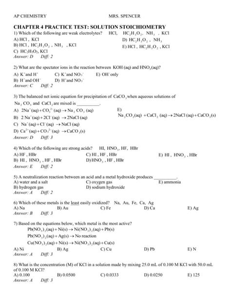 Chemtiry Test Answer Key