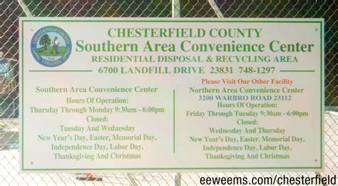 Chesterfield dump hours. Both centers will be open from 8 a.m.-7 p.m., Monday-Friday, 8 a.m.-6 p.m. on Saturdays and 10 a.m.-6 p.m. on Sundays. For more information, contact … 