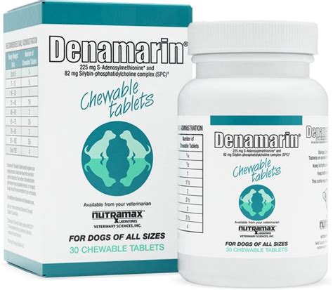 Denamarin Chewable Tablets This treatment applies to the following species: Dogs Company: Nutramax Labs. TWO ACTIVES - ONE PATENTED FORMULA 225 mg S-Adenosylmethionine* and 82 mg Silybin-phosphatidylcholine complex (SPC) Available from your veterinarian FOR DOGS OF ALL SIZES. 