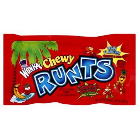 Chewy runts. How long would it take to burn off 5 Calories of Wonka Chewy Runts? Swimming. 0 minutes. Jogging. 1 minutes. Cycling. 1 minutes. Walking. 1 minutes. Based on a 35 year old female who is 5'7" tall and weighs 144 lbs. Calorie Breakdown. Where do the calories in Wonka Chewy Runts come from? Popular Foods. 