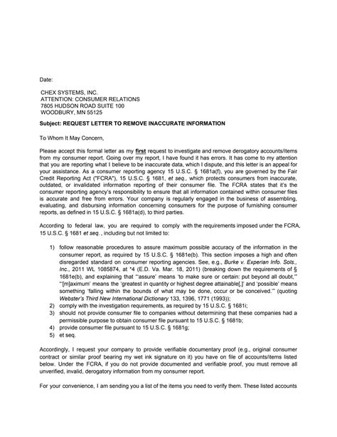 Chexsystems Dispute Letter Template