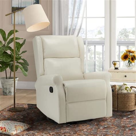 Chiang Ivory Faux Leather Manual Swivel Recliner with Metal Base