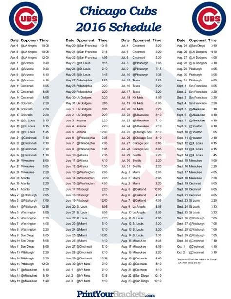 Chicago Cubs Printable Schedule