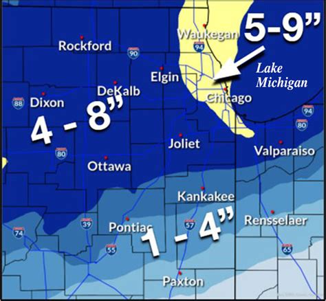 Chicago snowfall accumulation. Final Totals Saturday. The heaviest accumulations for the totality of the storm are expected to occur north and west of the city, including a foot of snow in parts of DeKalb and Kane counties. An ... 