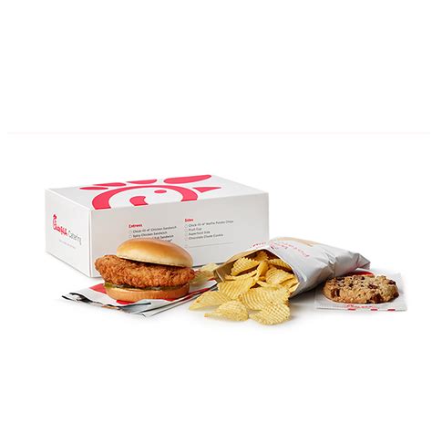 Chick-fil-A offers six different types of packaged meals : Chick-fil-A Chicken Sandwich, Spicy Chicken Sandwich, Chilled Grilled Chicken Sub Sandwich, Spicy Chilled Grilled Chicken Sun Sandwich, Cool Wrap and 8-ct Chick-fil-A Nuggets. These are perfect for office lunch meetings. Individual items. 