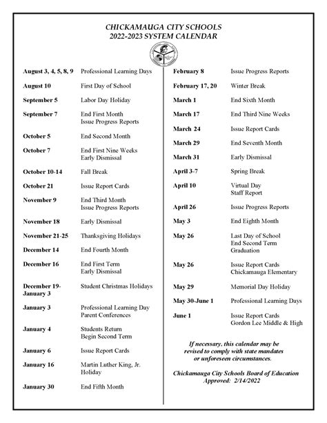 Chickamauga City Schools Calendar