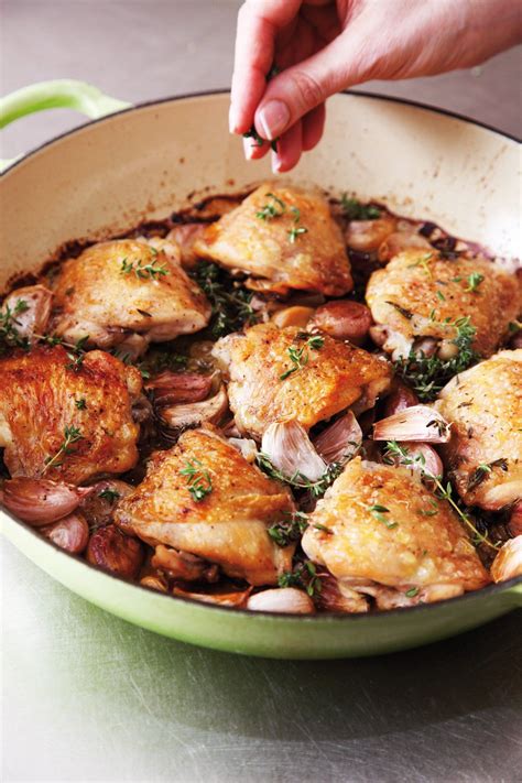 Chicken and forty cloves of garlic. Brown chicken pieces lightly on all sides, 8-10 min. Remove chicken; place in 6-8 qt slow cooker. Discard all but 1 Tbsp oil. Reduce heat to MED-LOW. Add mirepoix and garlic to braising pan; cook 10-12 min, stirring occasionally, or until garlic is lightly browned. Stir bone broth concentrate about 1 min; whisk in water until concentrate is ... 