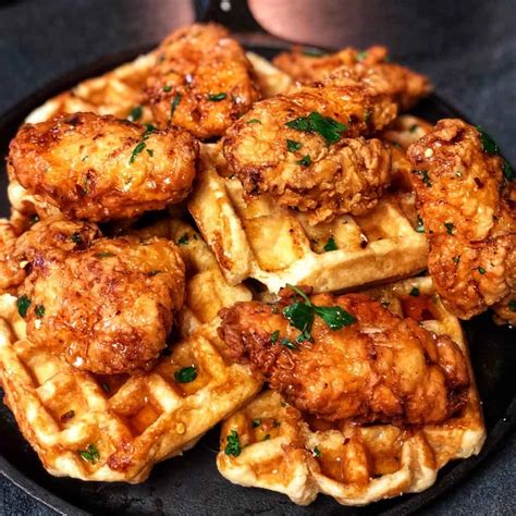 Chicken and waffles. Chicken and waffles is a perfect brunch staple for any event. These moist and flavorful waffles are made with a delicious blend of spices, plus ripe plantain, which adds a touch of sweetness and ... 