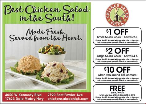 Chicken salad chick coupon code 2023. West Bradenton, Bradenton. $10 For $20 Worth Of Deli Fare. $20. Sold Out. See similar deals. Share This Deal. Calling all chicken salad lovers! If you’re looking for the best tasting chicken salad in your area that’s way above the rest, head over to Chicken Salad Chick today. They have a family-friendly atmosphere and staff waiting to serve ... 