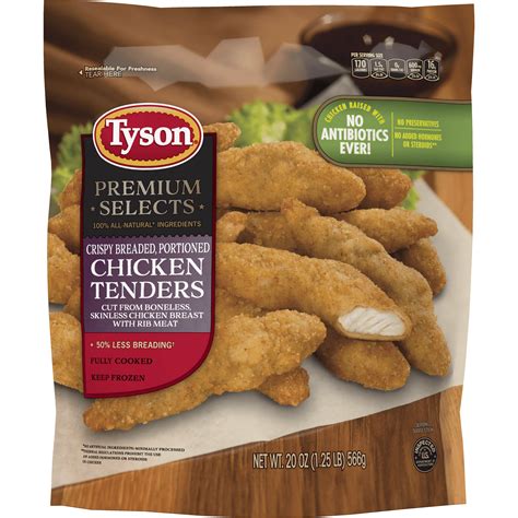 Chicken tenders frozen. One package of Tyson Blackened Flavored Unbreaded Chicken Strips. Sliced, seasoned all the way around and oven-finished. 100% All natural* chicken. Excellent source of protein - 20 grams per serving. Juicy and flavorful with only 3 grams of fat per serving. Fully cooked and ready to prepare from frozen. 