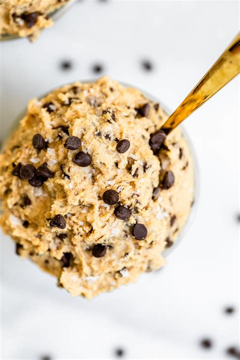 Chickpea cookie dough. Use a food processor and blend in 30-second bursts, stopping the food processor every 30 seconds to scrape down the sides of the bowl. Repeat this blending/scrapping process a few times until it forms a sticky thick chickpea cookie dough batter. Add the chocolate chips to the batter. 